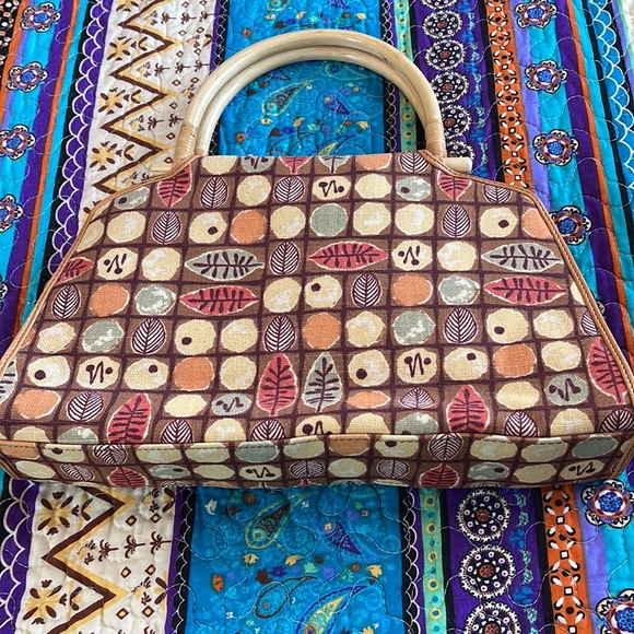 Vintage Boho Fossil Purse with Wood/Wicker Handles and Leaf Pattern - Picture 4 of 14